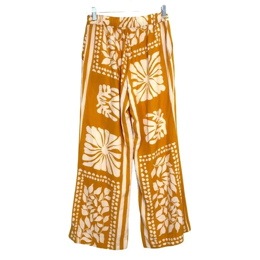 Esprit Womens Wide Leg Pants Boho Print Mustard Cream Floral Pull-On Size S - Picture 2 of 6